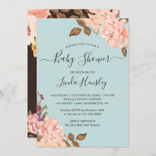 Baby Shower Light Dusty Blue Blush Rose Floral Invitation