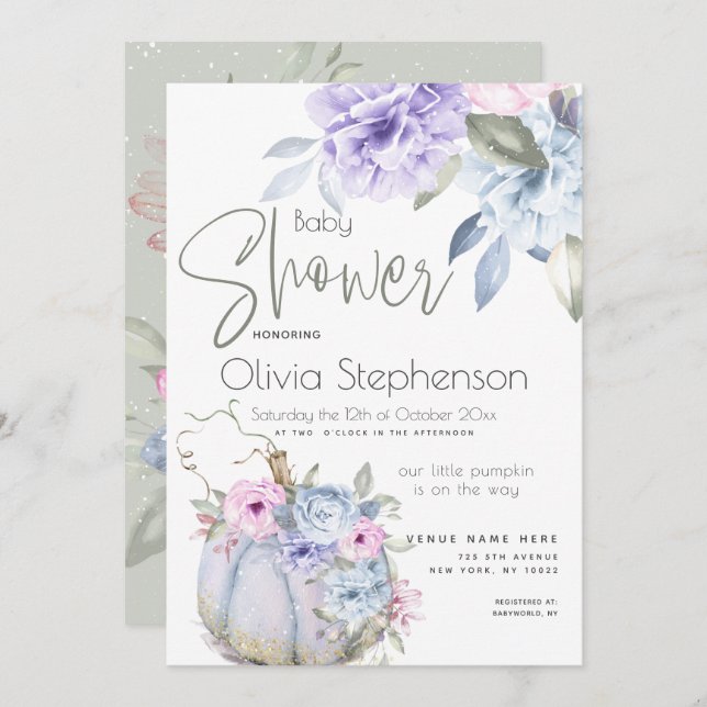 Baby Shower Lilac Blue Pumpkin Peony Floral Invita Invitation (Front/Back)