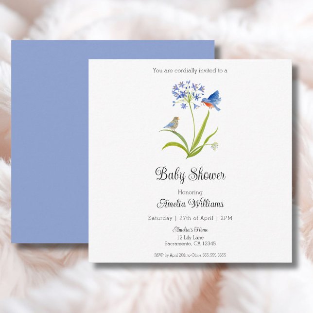 Baby Shower Lily with Bluebird Mother and Baby  Invitation (Creator Uploaded)