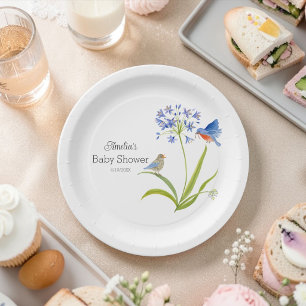 Baby Shower Lily with Bluebird Mother and Baby Paper Plate