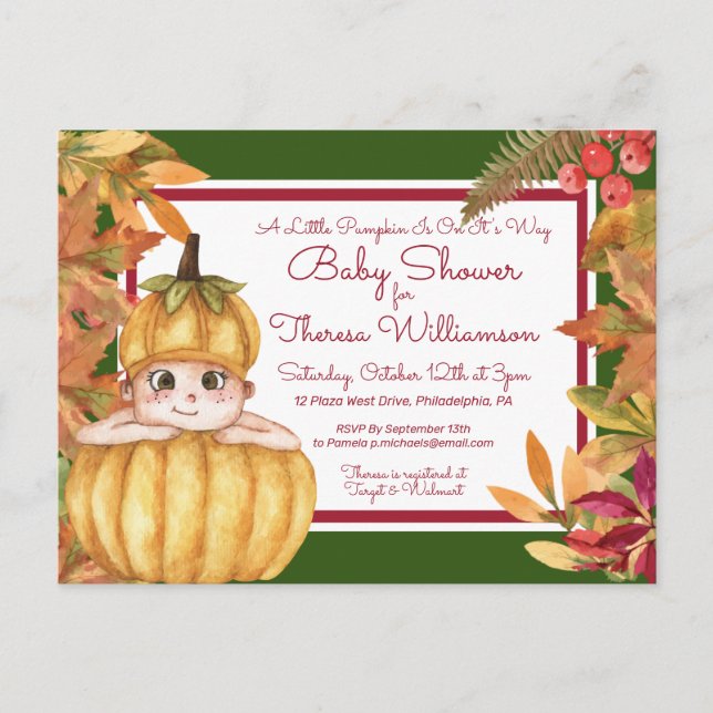 Baby Shower | Little Pumpkin Invitation Postcard (Front)