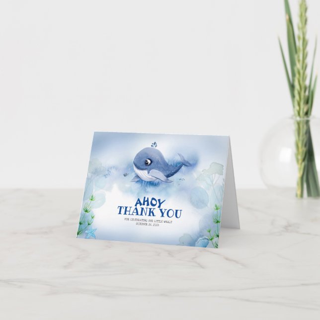 Baby Shower Little Whale Blue Watercolor Thank You Card (Front)