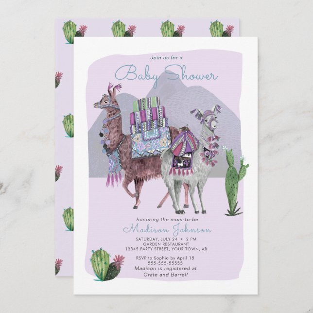 Baby Shower | Llamas & Cactus | Lilac Invitations (Front/Back)