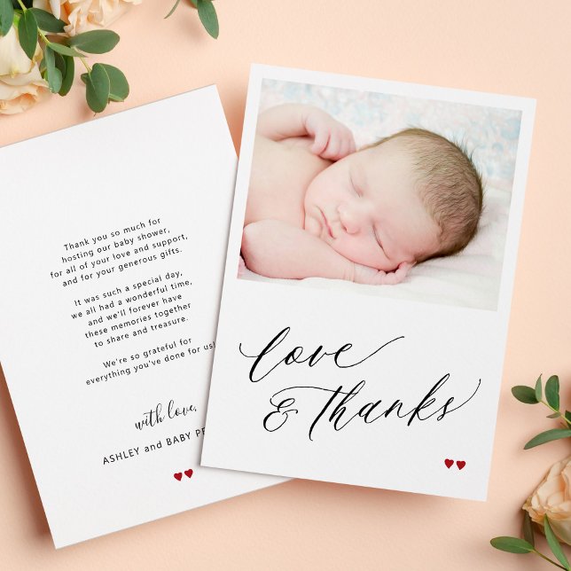Baby shower love and thanks simple script photo thank you card (Creator Uploaded)