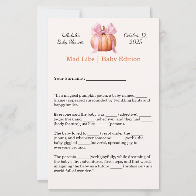 Baby Shower Mad Libs | Fun Party Activity (Front)