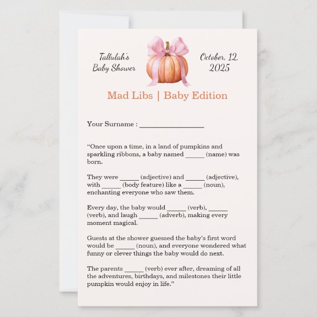 Baby Shower Mad Libs | Fun Party Activity (Front)