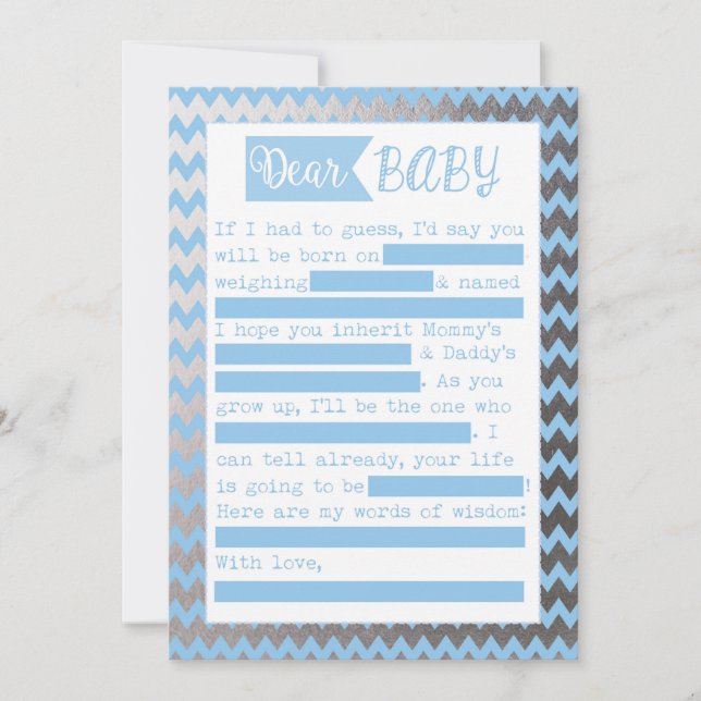 Baby Shower MadLibs Game, Blue and Silve Foil Look Invitation (Front)