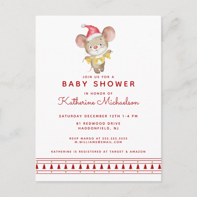 BABY SHOWER | Merry Christmas Mouse Invitation Postcard (Front)