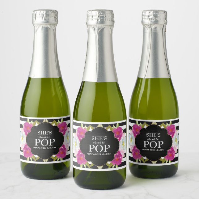 Baby Shower Mini Sparkling Wine Label Black Stripe (Bottles)