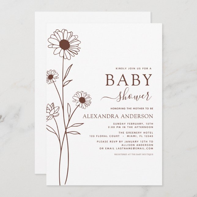 Baby Shower Minimalist Botanical Floral Sketch Inv Invitation (Front/Back)