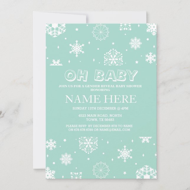 Baby Shower Mint Gender Reveal Snowflake Invite (Front)