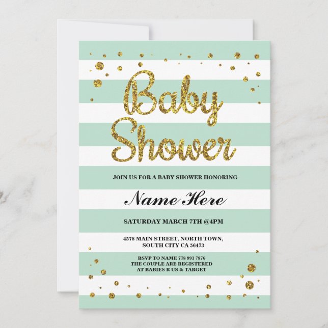 Baby Shower Mint Stripe Gold Glitter Girl Invite (Front)