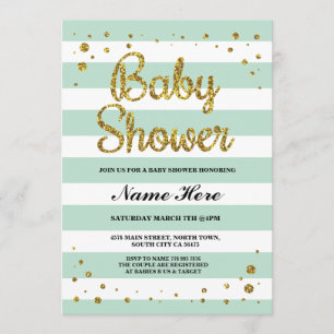 Baby Shower Mint Stripe Gold Glitter Girl Invite