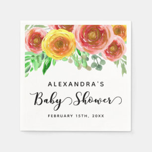 Baby Shower Modern Elegant Pink Floral Watercolor Napkin