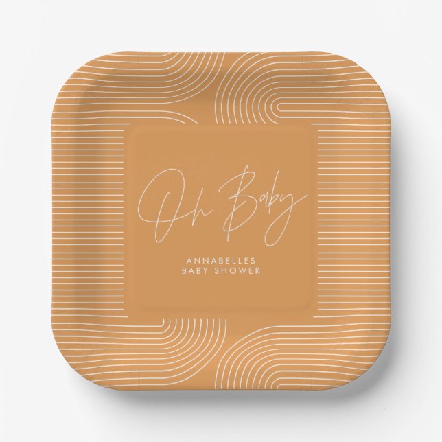 Baby shower modern mustard elegant geometric paper plate (Front)
