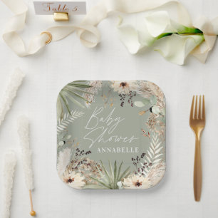 Baby shower modern rustic pampas grass foliage paper plate