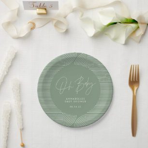 Baby shower modern sage green elegant geometric paper plate