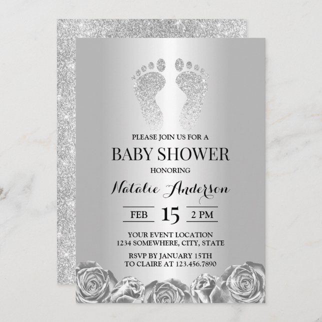 Baby Shower Modern Silver Glitter Feet Rose Floral Invitation (Front/Back)