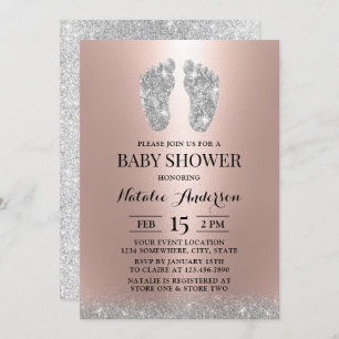  Baby Shower Modern Silver Glitter Feet Rose Gold Invitation