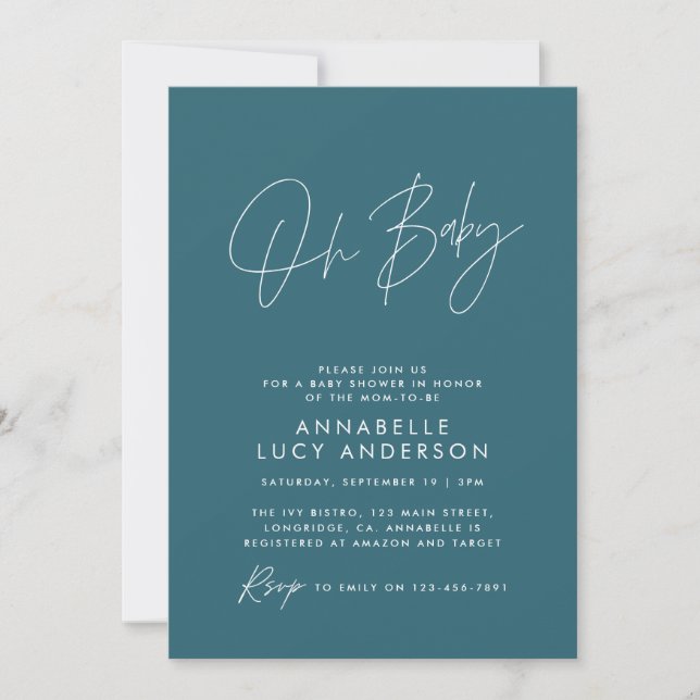 Baby shower modern teal blue elegant photo invitation (Front)