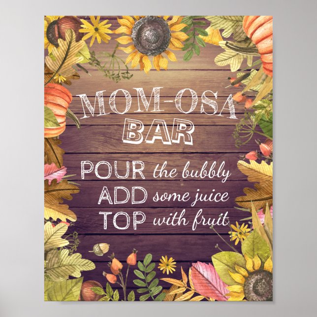 Baby Shower MOM-OSA BAR Sign Maple Leaves Pumpkins (Front)