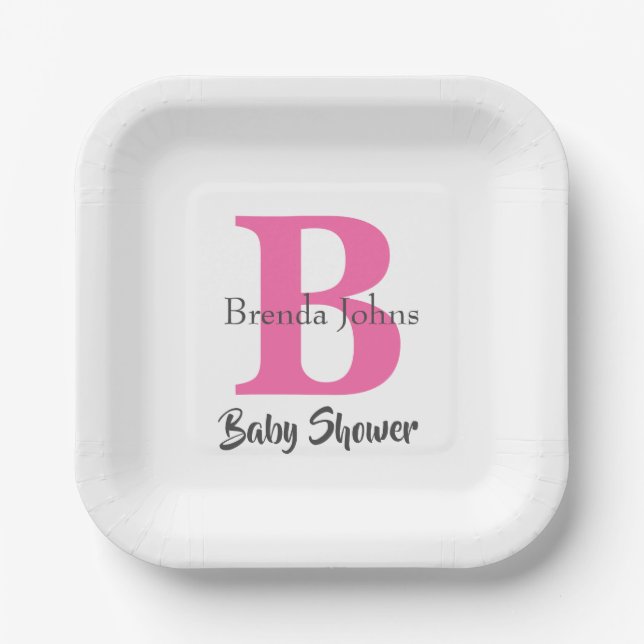 Baby Shower Monogram  Pink White Cute Elegant Paper Plate (Front)