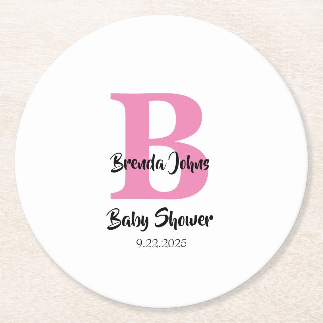 Baby Shower Monograms Pink White Cute Simple Round Paper Coaster (Front)