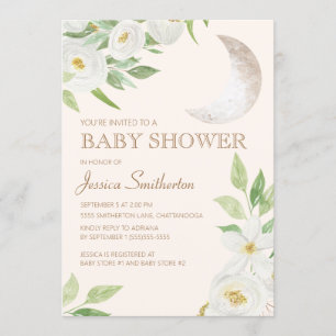 Baby Shower Moon White Floral Green Leaves Invitation