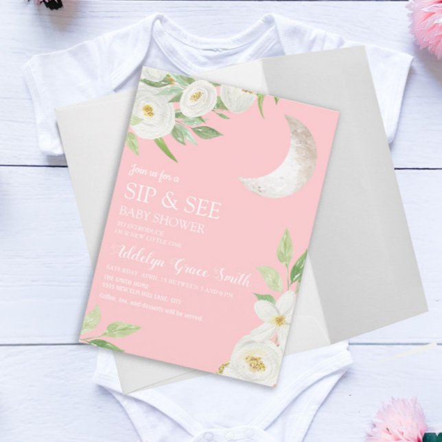 Baby Shower Moon White Floral Pink Sip See Invitation (Creator Uploaded)