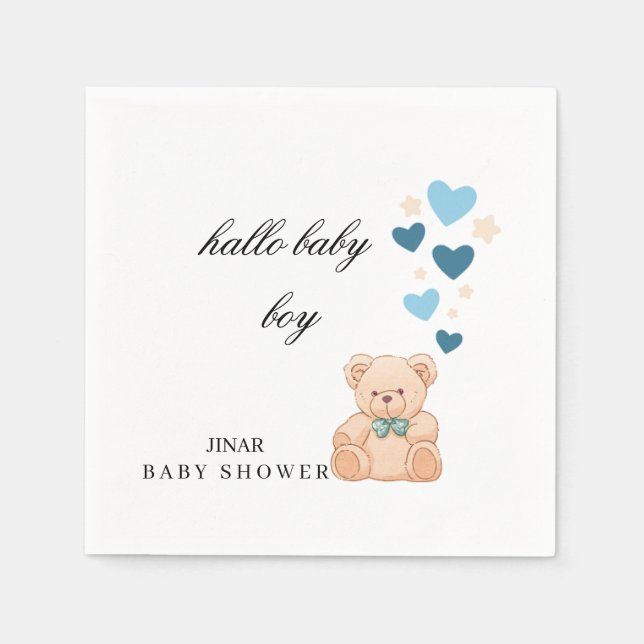 Baby Shower Napkins – Hallo Baby Boy Teddy Design (Front)