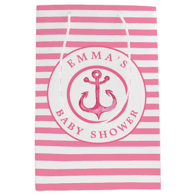 Baby Shower Nautical Pink Anchor Striped Gift Bag (Front)