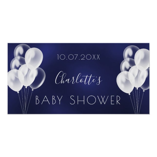 Baby Shower navy blue boy white balloons Poster (Front)