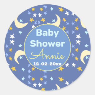 Baby shower navy blue star moon add name year date classic round sticker