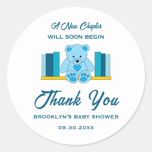 Baby Shower New Chapter Storybook Blue Teddy Bear Classic Round Sticker (Front)