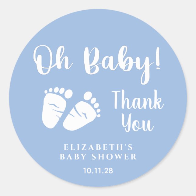 Baby Shower Oh Baby Feet Blue Thank You Classic Round Sticker (Front)