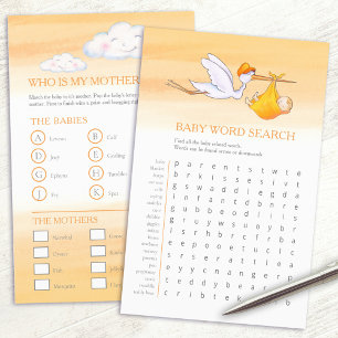 Baby shower orange word search baby match game  flyer