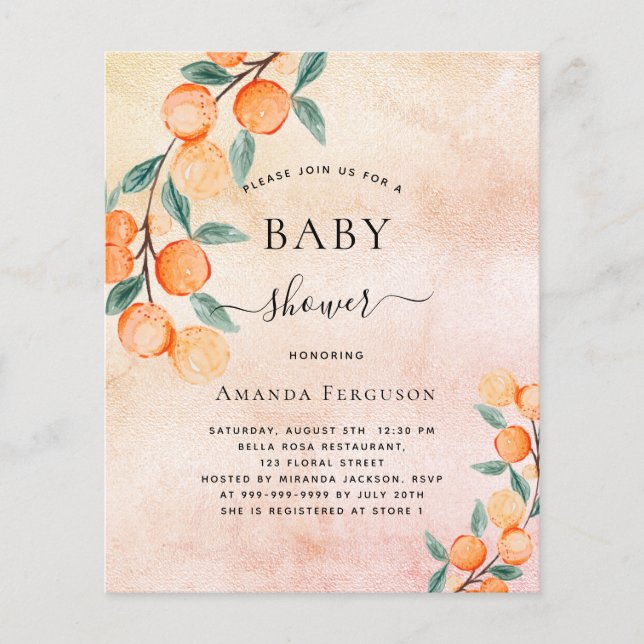 Baby shower oranges rose gold budget invitation flyer (Front)