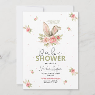 Baby Shower Orejas de Conejo Rosa y Flores Invitation