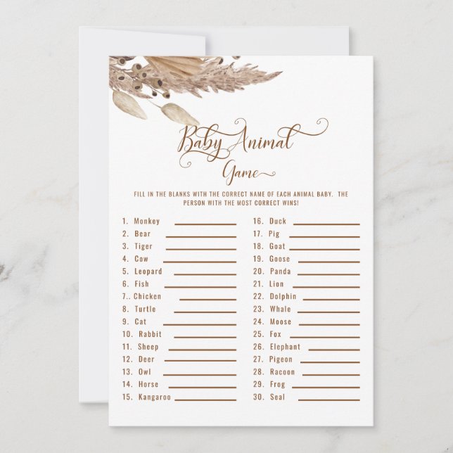 Baby Shower Pampas Baby Animal Game II Invitation (Front)