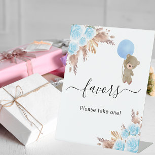 Baby shower pampas grass blue teddy bear favours pedestal sign