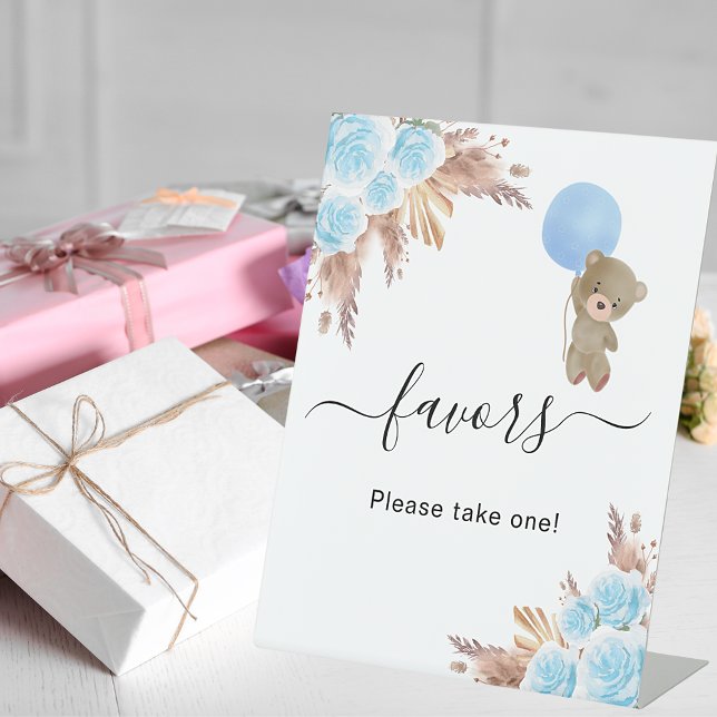 Baby shower pampas grass blue teddy bear favours pedestal sign (Creator Uploaded)