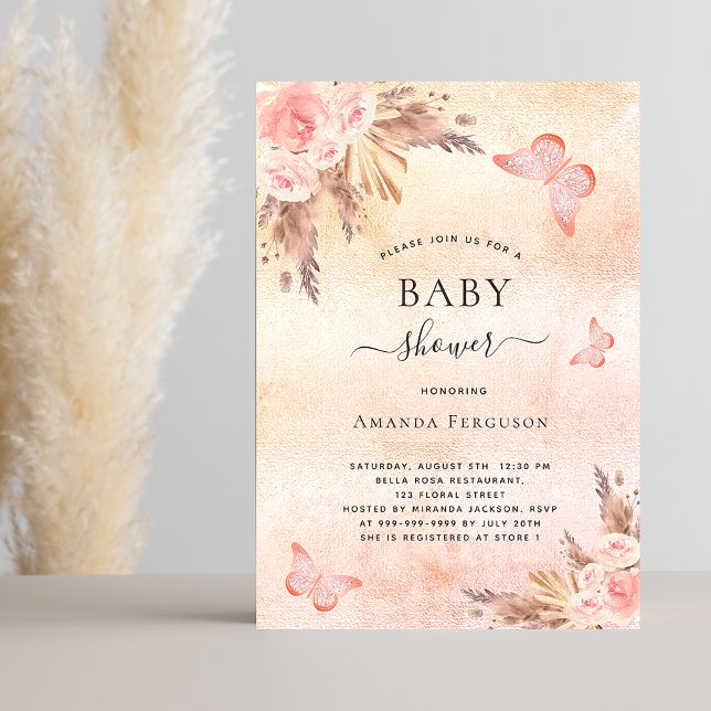Baby shower pampas grass blush butterfly invitation (Creator Uploaded)