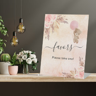 Baby shower pampas grass blush teddy bear favour pedestal sign