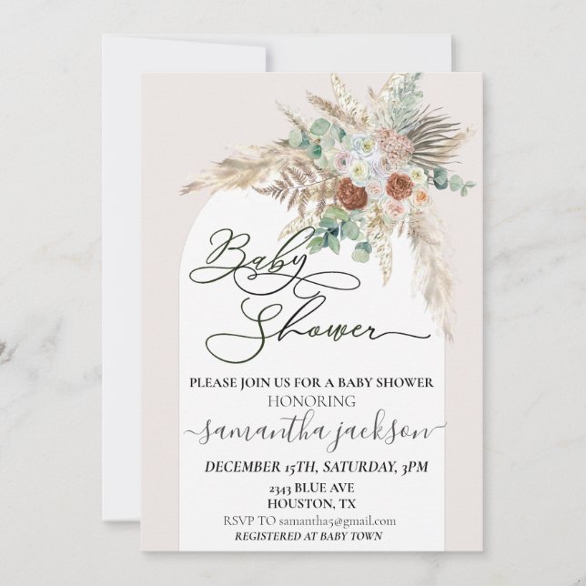 Baby Shower Pampas Grass Boho Arch Modern Invitation (Front)