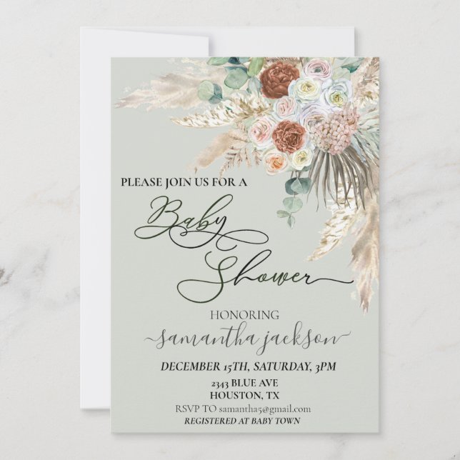 Baby Shower Pampas Grass Boho Watercolor   Invitation (Front)
