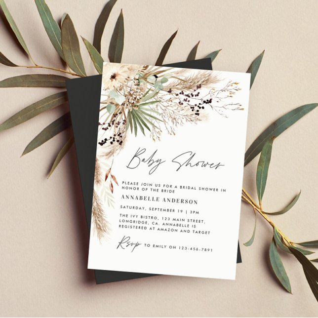 Baby shower pampas grass modern elegant black invitation (Creator Uploaded)