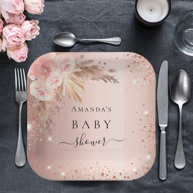 Baby Shower pampas grass rose gold floral glitter Paper Plate (Creator Uploaded)
