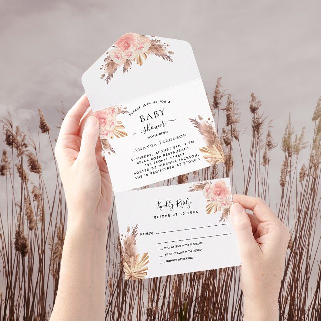 Baby Shower pampas grass rose gold floral RSVP All In One Invitation (Creator Uploaded)