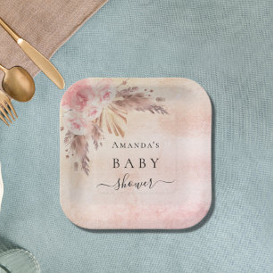 Baby Shower pampas grass rose gold florals Paper Plate