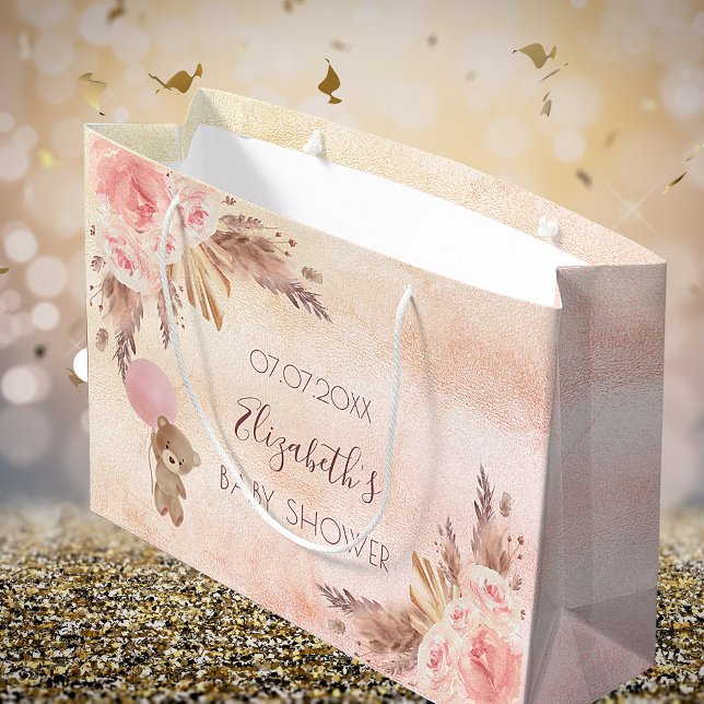 Baby Shower pampas grass rose pink floral teddy Large Gift Bag (Creator Uploaded)